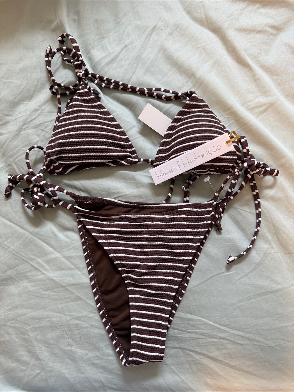 NWT House of Harlow 1960 Chocolate Brown & White Striped Triangle Bikini (S)